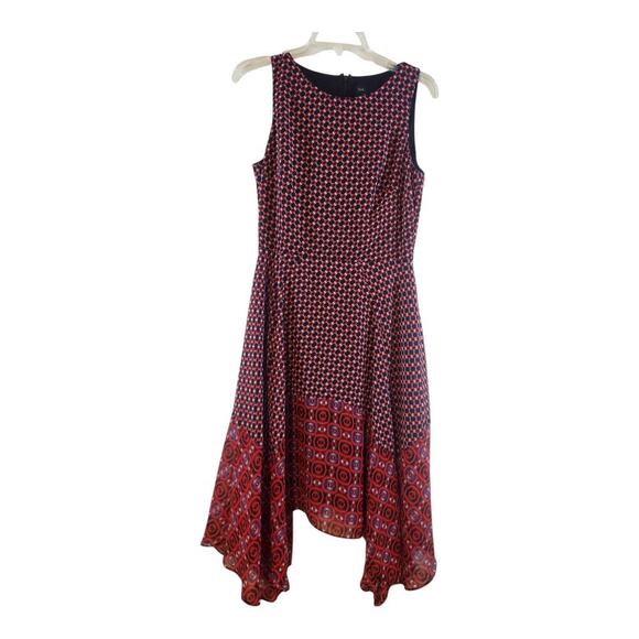 Just... Taylor dress sz 8 sleeveless asymmetrical SharkBite hem lined red geo - Picture 1 of 13